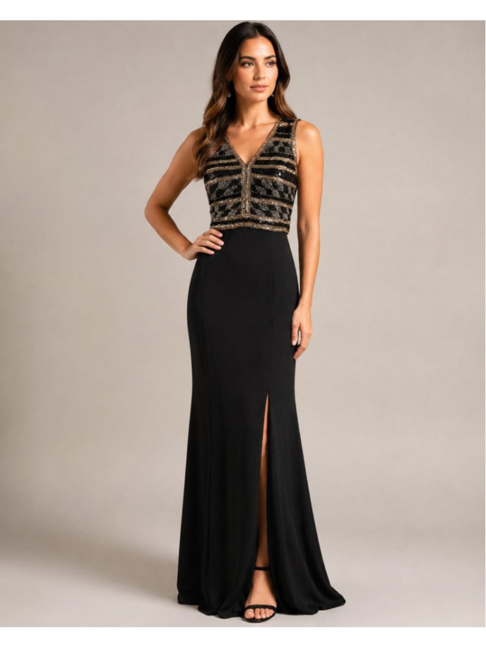 Adrianna Papell Black Gold Beaded Sequin Open Back Evening Gown Size 8